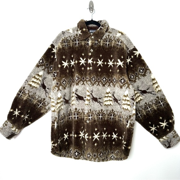 Vintage Other - Vintage Boho Cottagecore Nordic Reindeer Holiday Fleece Jacket Cabincore Cozy
